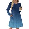 Women's Long Sleeve Pleated Round Neck Gradient Printed Casual Dress With Pockets