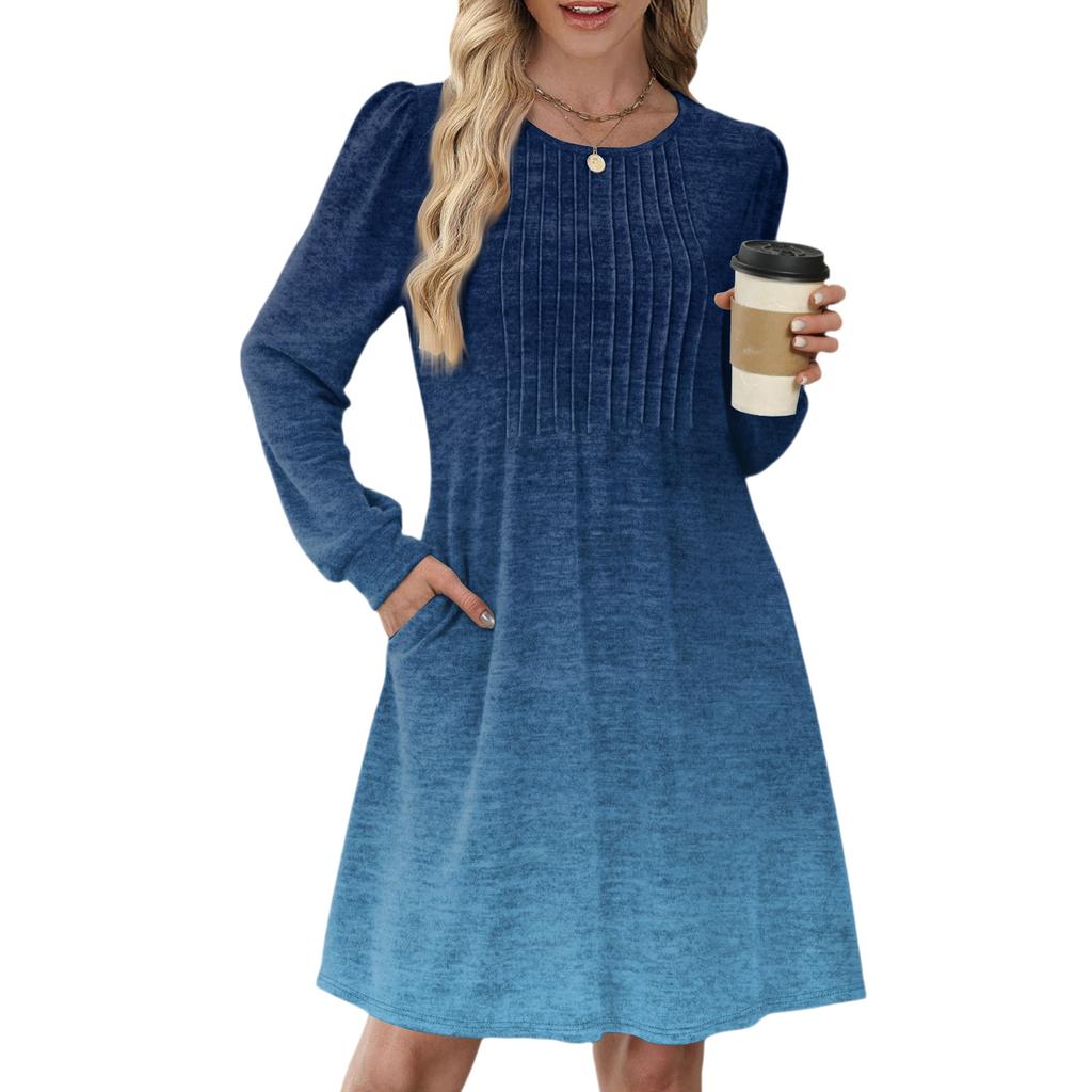 Women's Long Sleeve Pleated Round Neck Gradient Printed Casual Dress With Pockets