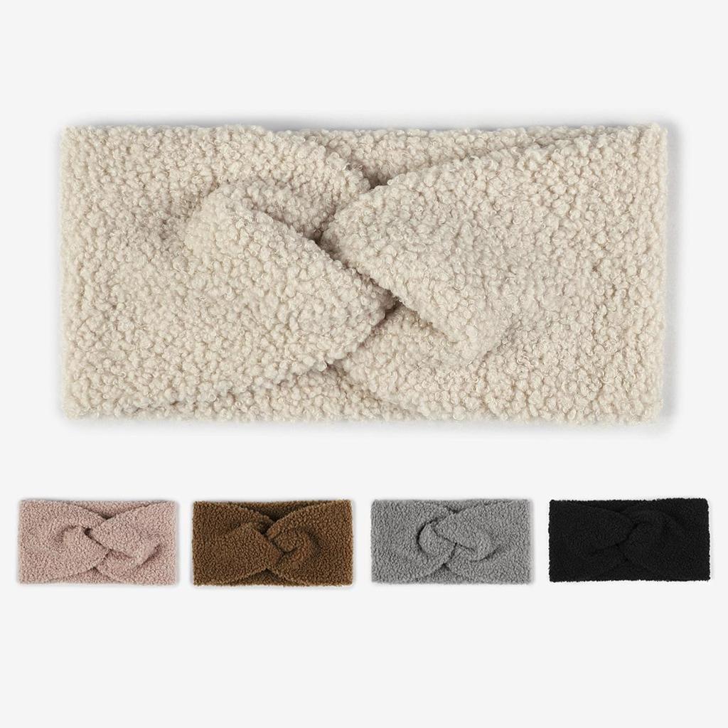 Wide-Brim Teddy Fleece Criss-Cross Headband - Solid Color Plush Yoga & Face Washing Hair Accessory.