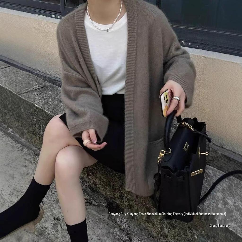 Women's Mid-Length Plus Size Wool Cardigan - Versatile Loose Knit Sweater Coat