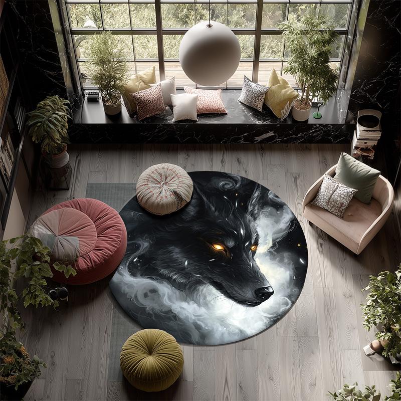 Black and White Wolf,Round Area Rug,Carpet Rug for Living Room Bedroom Sofa Playroom Decor,Non-slip Floor Mat