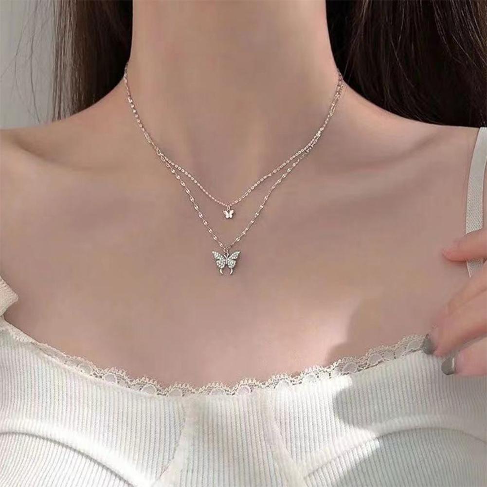 Double Layer Butterfly Pendant Necklace Clavicle Chain Sparkling Diamond Double Layer Alloy Necklace Women Jewelry Gift