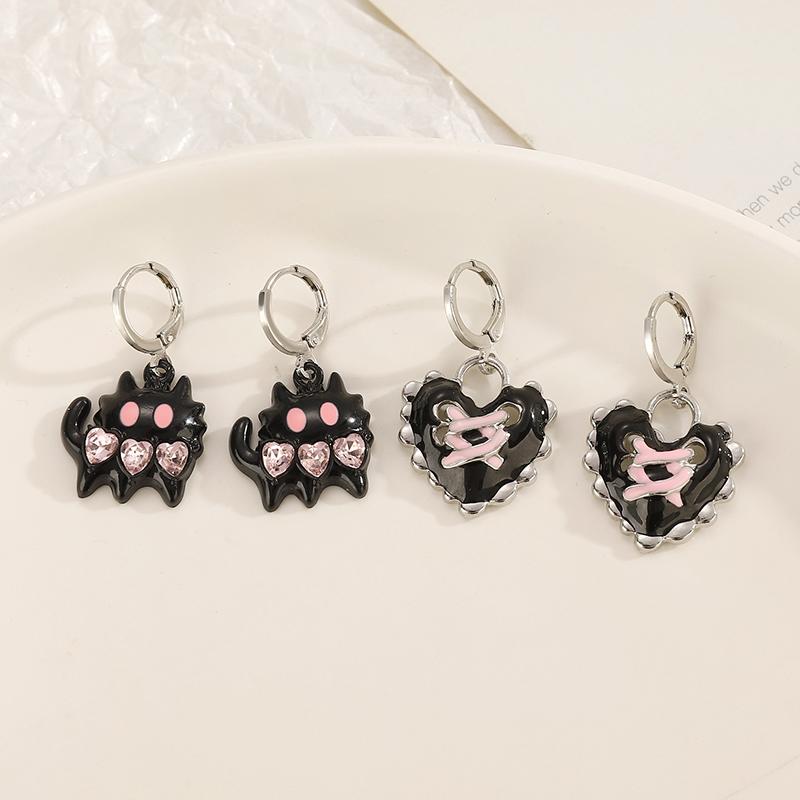Vintage Gothic Black Heart Shaped Kitten Inlaid With Pink Zircon Earrings Creative Cool Cross Heart Shaped Sweet Jewelry Gift