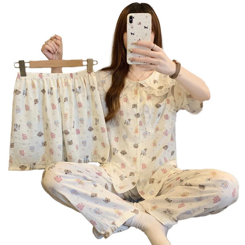 Japanese Style Lace Doll Collar Cartoon Short-Sleeved Pajamas Women'S Summer Cloud Cotton Three-Piece Loungewear