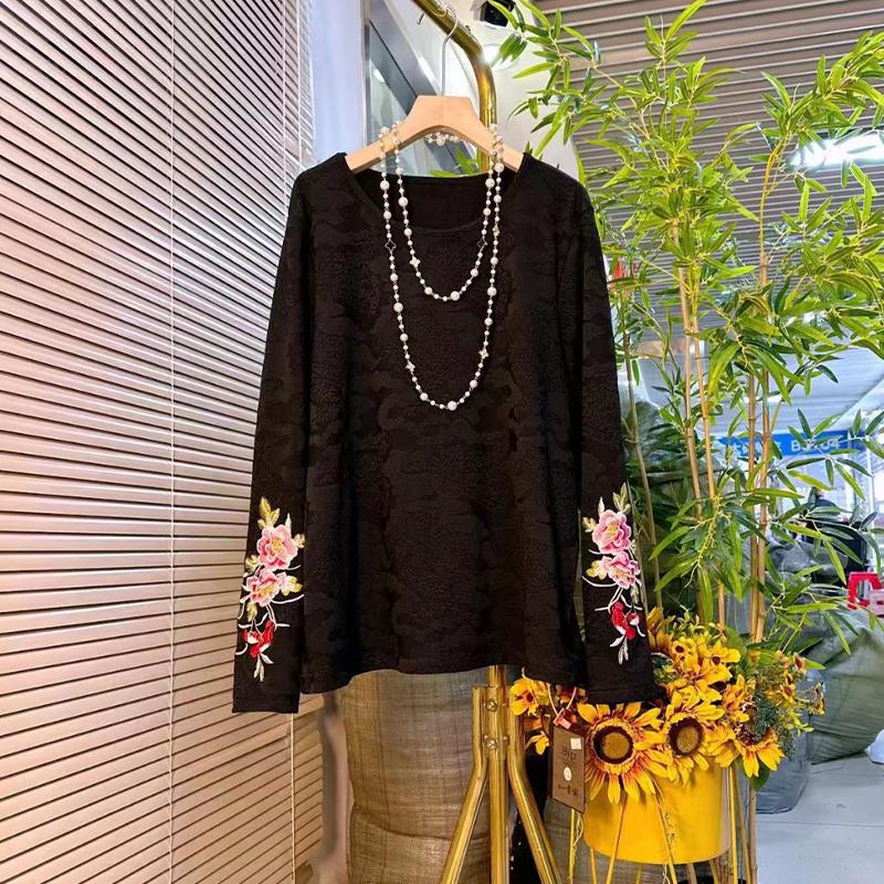 

Plus Size Women s Long Sleeve Embroidered Floral Cuff Retro Slimming Shirt 6XL (recommended for 190-220 jin) чорний