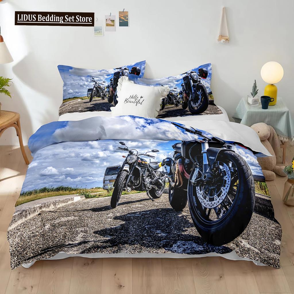 Dirt Bike Duvet Cover Set 3D Racing Motocross Bedding Set For Teen Motorcycle Rider Extreme Sports Polyester Comforter Cover