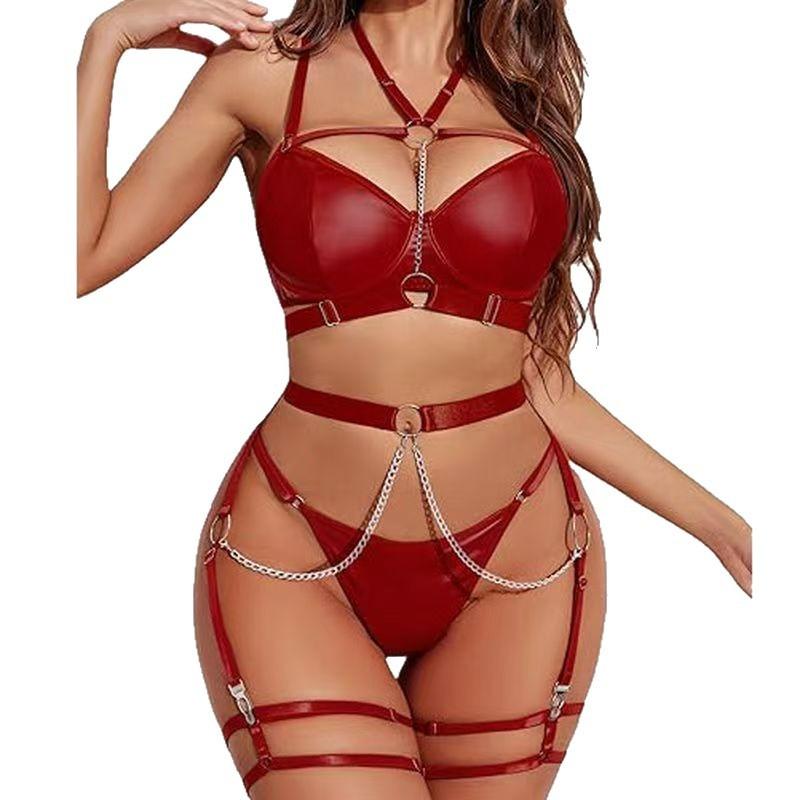 Fun Underwear Fashion Classic Women's Clothing with Steel Rings Gathered Around the Neck Bright Bra Multi-piece Set Home Sexy