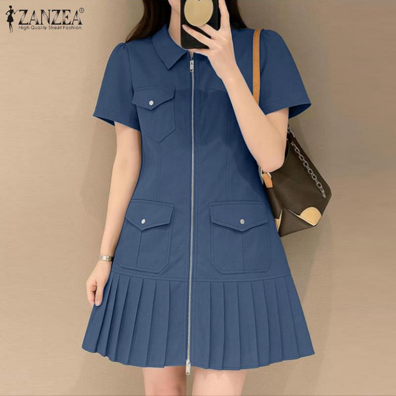 ZANZEA Women Zipper Casual Turn Down Collar Summer Short Sleeve Dress