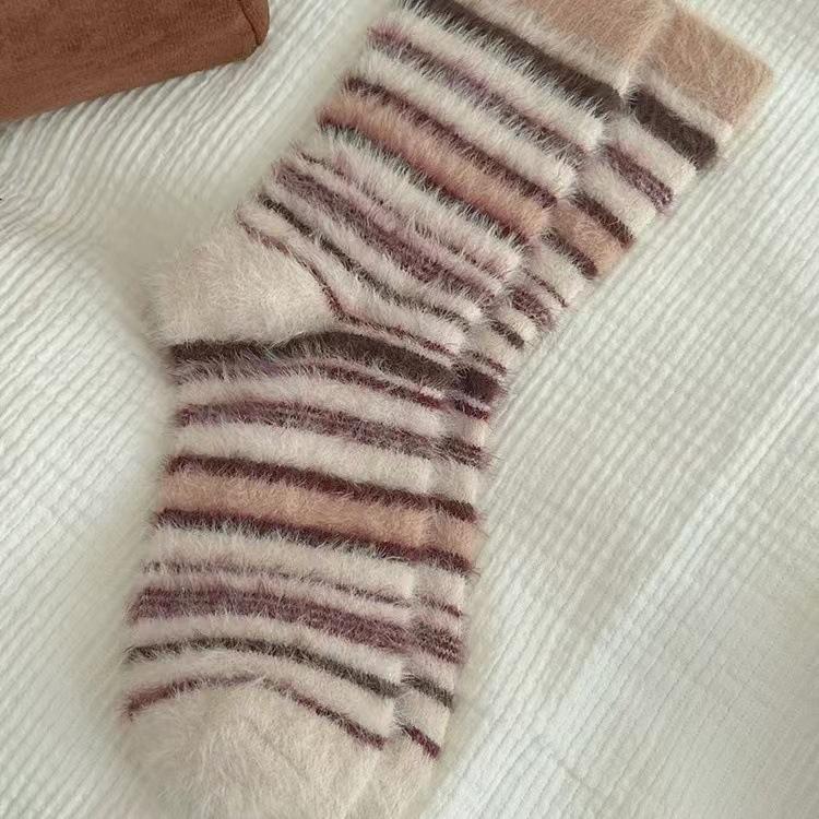 Mink Velvet Socks Warm Korean Retro Color Matching Striped Socks Girl Medium Tube Socks Thickened Velvet Confinement Socks