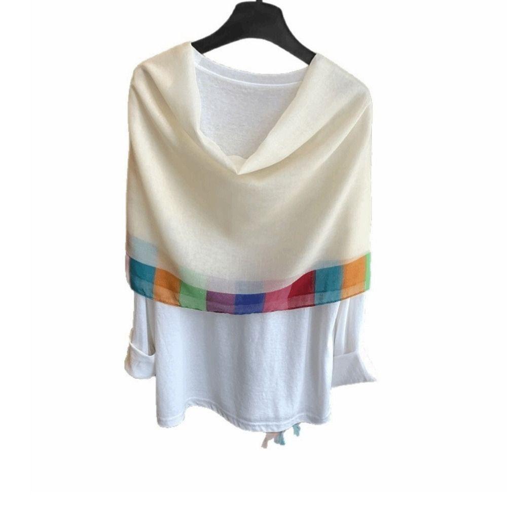Soft Draped Gauze Shawl Rainbow Border Beach Scarf New Tassel Shawl Women Fashion