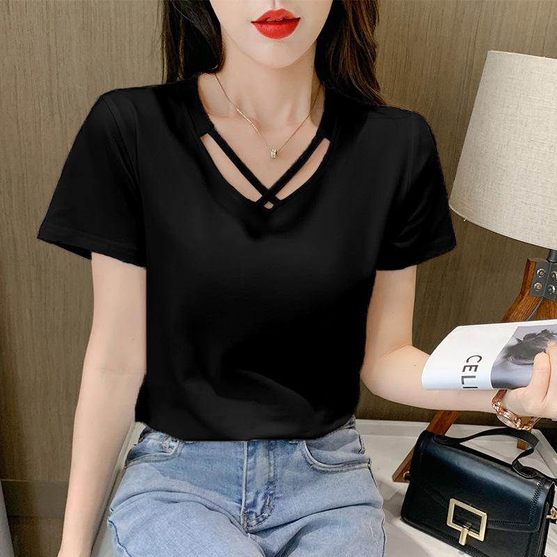 

Женская футболка 2025 года в корейском стиле с V-образным вырезом и короткими рукавами, однотонная 2XL