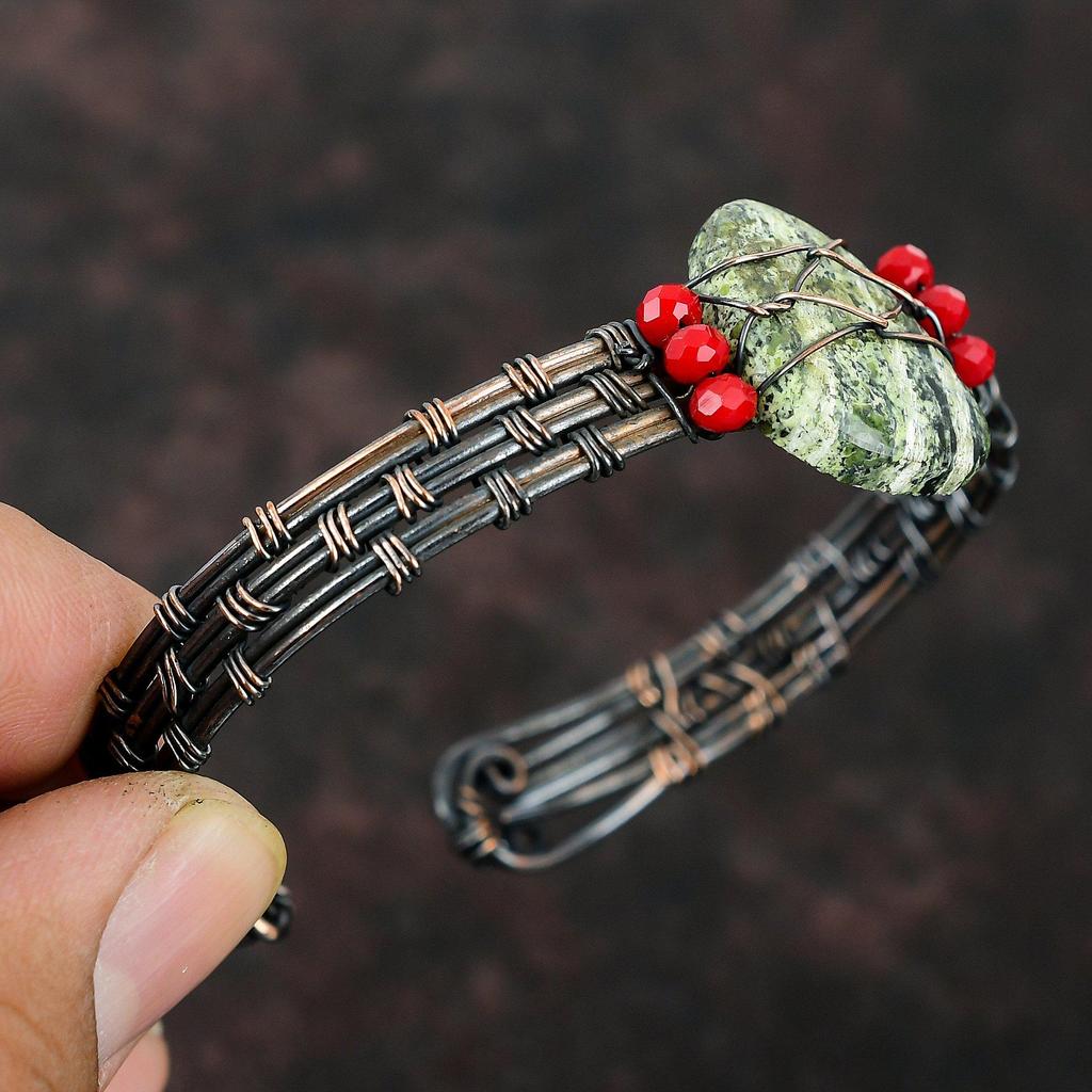 Green Swiss Opal Cuff Bracelet Red Coral Beads Cuff Copper Wire Wrapped Stone Jewelry Adjustable Cuff Handmade Bangle Wire Wrapped Bracelet