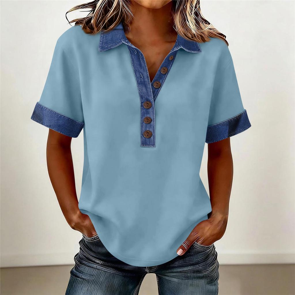 Denim Patchwork Shirts For Women Stand Collar Casual Blouse Short Sleeve Comfy Tshirt Spring Summer Fashion