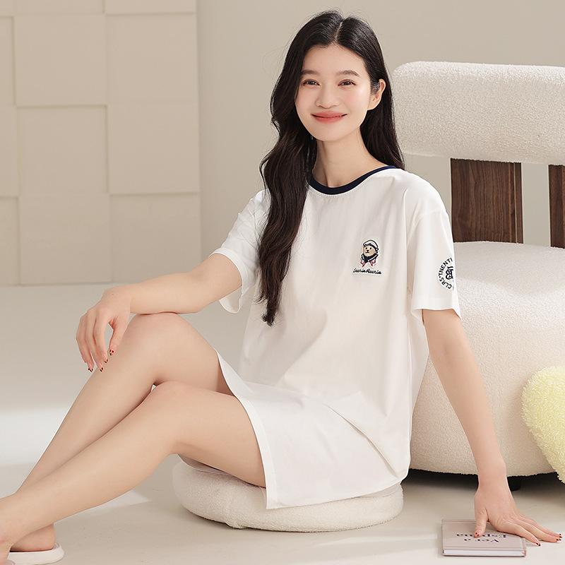 Pure Cotton Nightdress Girls Summer Pajamas Short-sleeved Thin Cute Simple Style Dress Women's Round Neck Home Dress