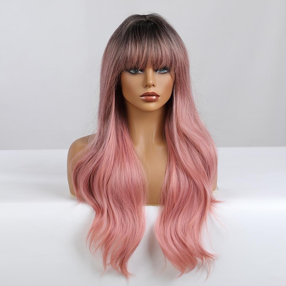 26 Inch Brown Gradient Pink Ombre  Long Curly Hair With Bangs Elegant and Fashionable Synthetic Wig For Ladies KTB