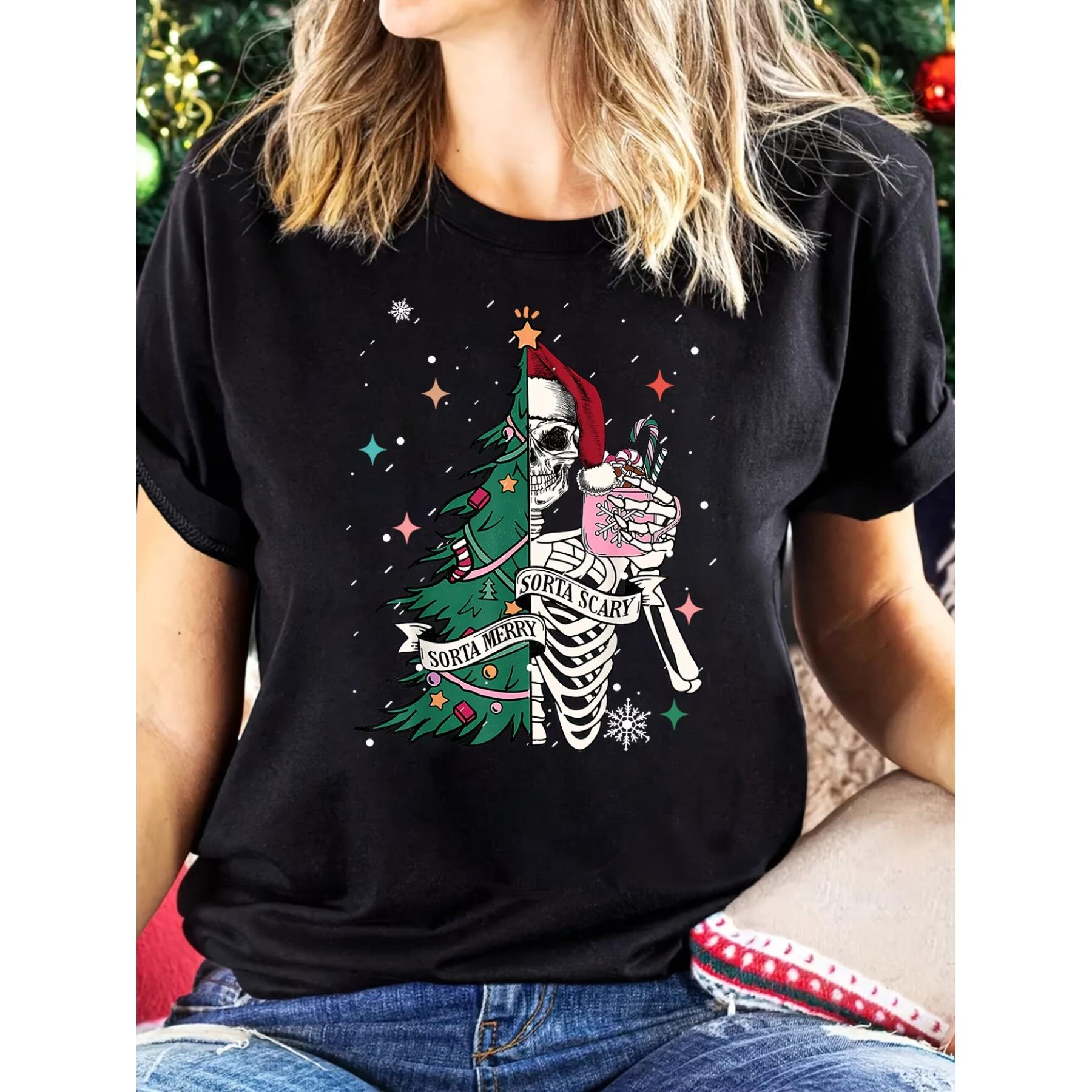 

Women s Semi-Sheer Skeleton Xmas Tree Print T-Shirt - Short Sleeve Crew Neck Casual Top Suitable for Summer, Spring XXL чорний