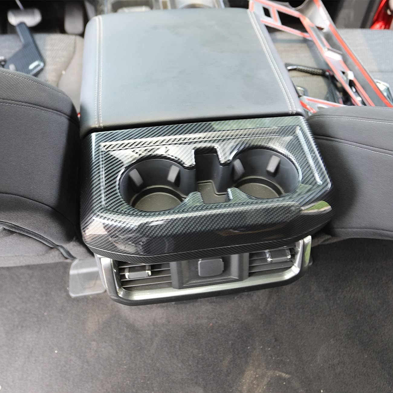 Korlot Carbon Fiber Inner Rear Cup Holder Trim Cover Panel Kit for Ford F150 2021+