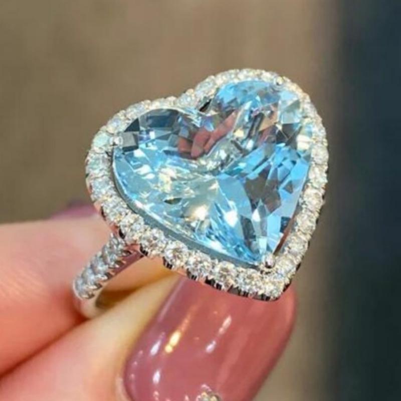 Luxury Micro Pvae White Blue CZ Heart Women's Ring Trendy CopperColor Daily Wear Party Jewelry Anniversary Gift
