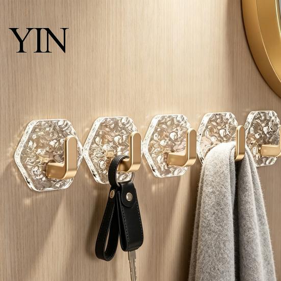 Sleek Design Wall Hooks Acrylic Adhesive Hooks, Hexagonal Wave Shape, No Drilling Easy Installation Hook, Modern Style Clear for Bathroom Kitchen