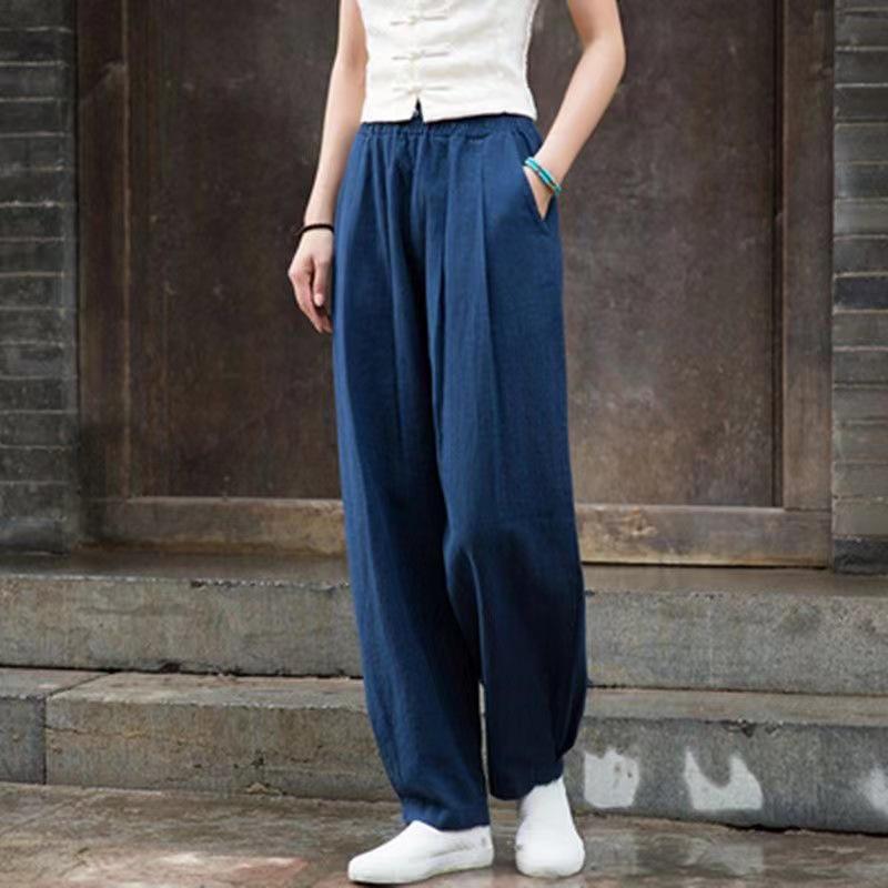

2023 Spring/Summer Women s High-Waist Cotton Linen Slimming Casual Trousers - Lantern Style Tai Chi Pants XL 57.5-65 kg темно-синього кольору