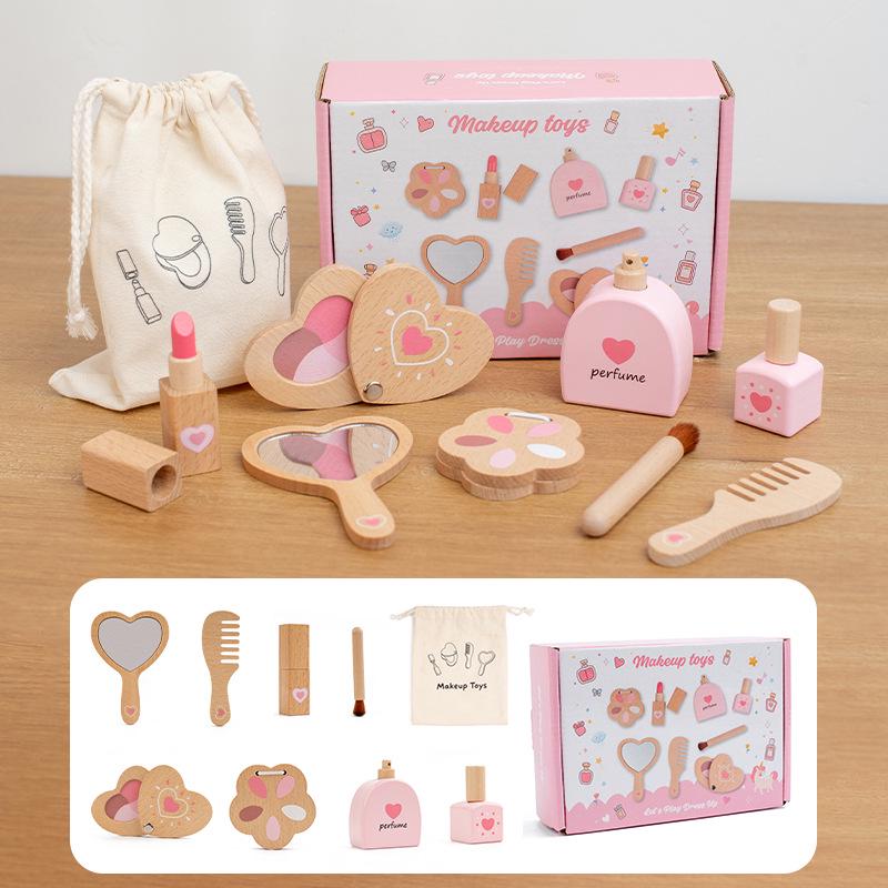 Korean Style Wooden Pretend Makeup Set: Eyeshadow, Powder, Lipstick, Perfume & Hairdressing
