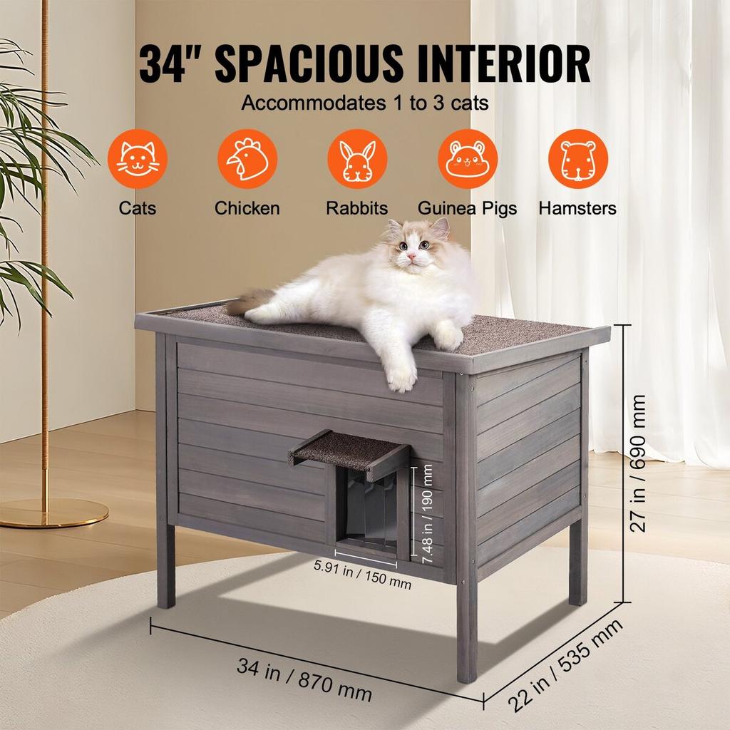 Outdoor Cat House Wooden Feral Cat Shelter with Roof & PVC Door Flaps