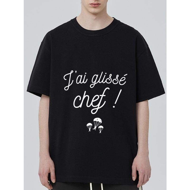 

Black T Shirt with I Ai Glisse Chef Text and Parachute Design for Casual Wear S