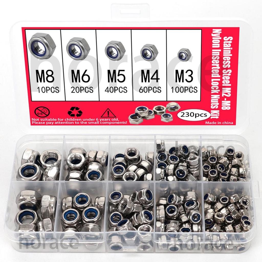 230-Piece Stainless Steel Nylon Lock Nut Set, M3-M8 Self-Locking Nuts in Box