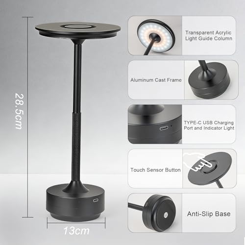Metal Cordless Table Lamp Rechargeable Touch Control with 3 Color Stepless Dimming Portable LED Light for Living Room Bedroom Patio Camping