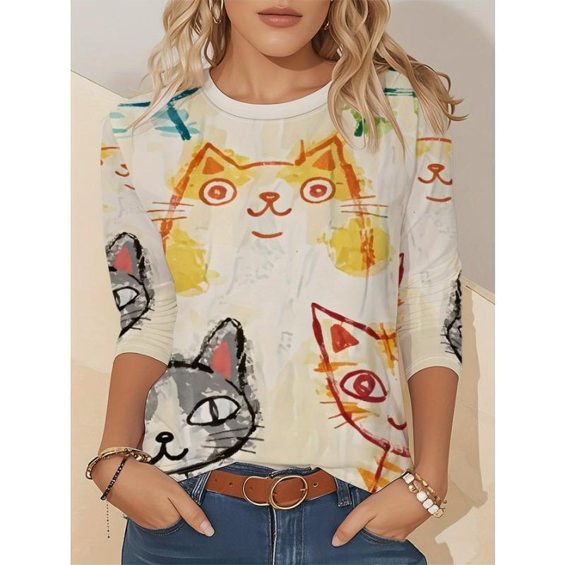 Artistic Landscape Painting Pattern, Slim Fit, Casual Round Neck, Long Sleeves, Everyday Creative Oil Painting Design Pattern.