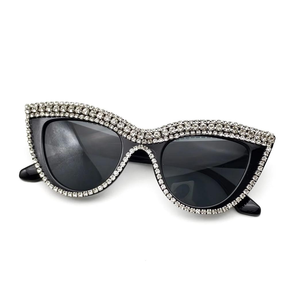 1PC Women's Black Plastic Frame Artificial Diamond Cat Eye Shaped Handsome Sweet Cool Wear Fashion Decoration Glasses Summer Hol