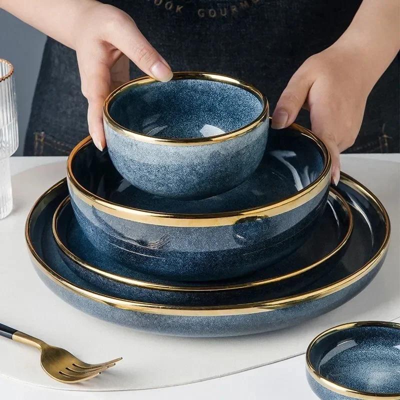 1pcs Light Luxury Ceramic Plate Set Dishes Dinner Plates Dessert Steak Plate Blue Gradient Salad Soup Bowl Plates Tableware
