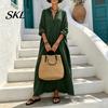 Casual Dress Summer Maxi for Women, V-Neck Oversized Boho Long Women Dress, Sleeve Button Up Vacation Sundress with Pockets Party