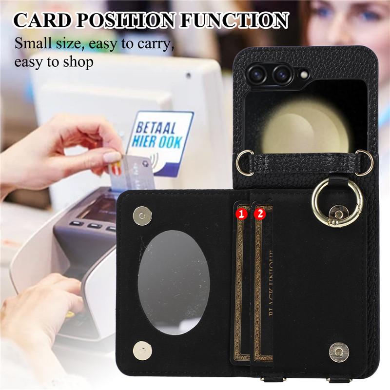 Husă pentru telefon cu suport din piele pentru Samsung Galzxy Z Flip 5 4 3 Husă pentru carte de portofel cu inele Flip5 Flip4 Flip3 Geantă cu șnur