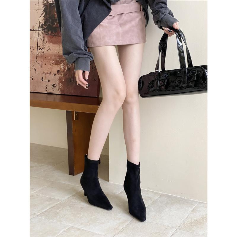Korean version of temperament thin high heel back zipper elastic thin boots women's autumn and winter wear fashion suede thin socks short boots