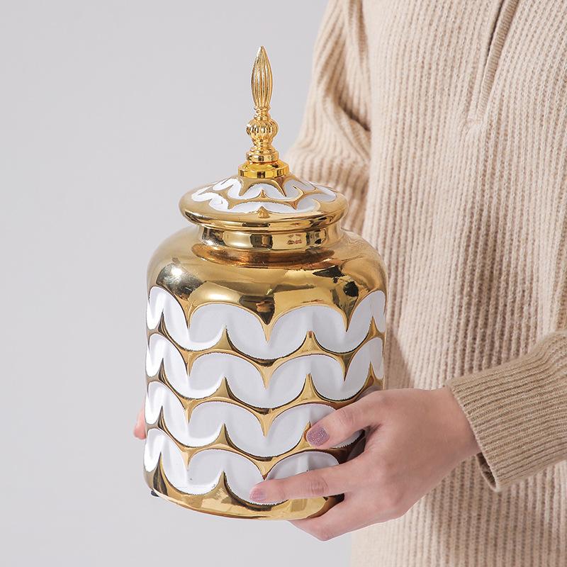 Ceramic Checkmate Jar Ginger Jar Flower Vase Plaid Gold Storage Tank Porcelain Bottle Home Decoration Accessories