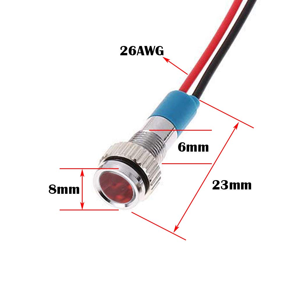 CESFONJER 5pcs 6mm 1/4" LED Metal Indicator Light Waterproof Signal Lamp Pilot Dash Directional Car Truck Boat Wire (Red)
