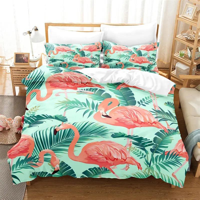 

Пододеяльник Фламинго Покрывало с пальмовыми листьями для девочек, мальчиков, подростков, Милый животный тропический ботанический постельный комплект, Полуторный, Кинг-сайз EU Single(135x200cm)