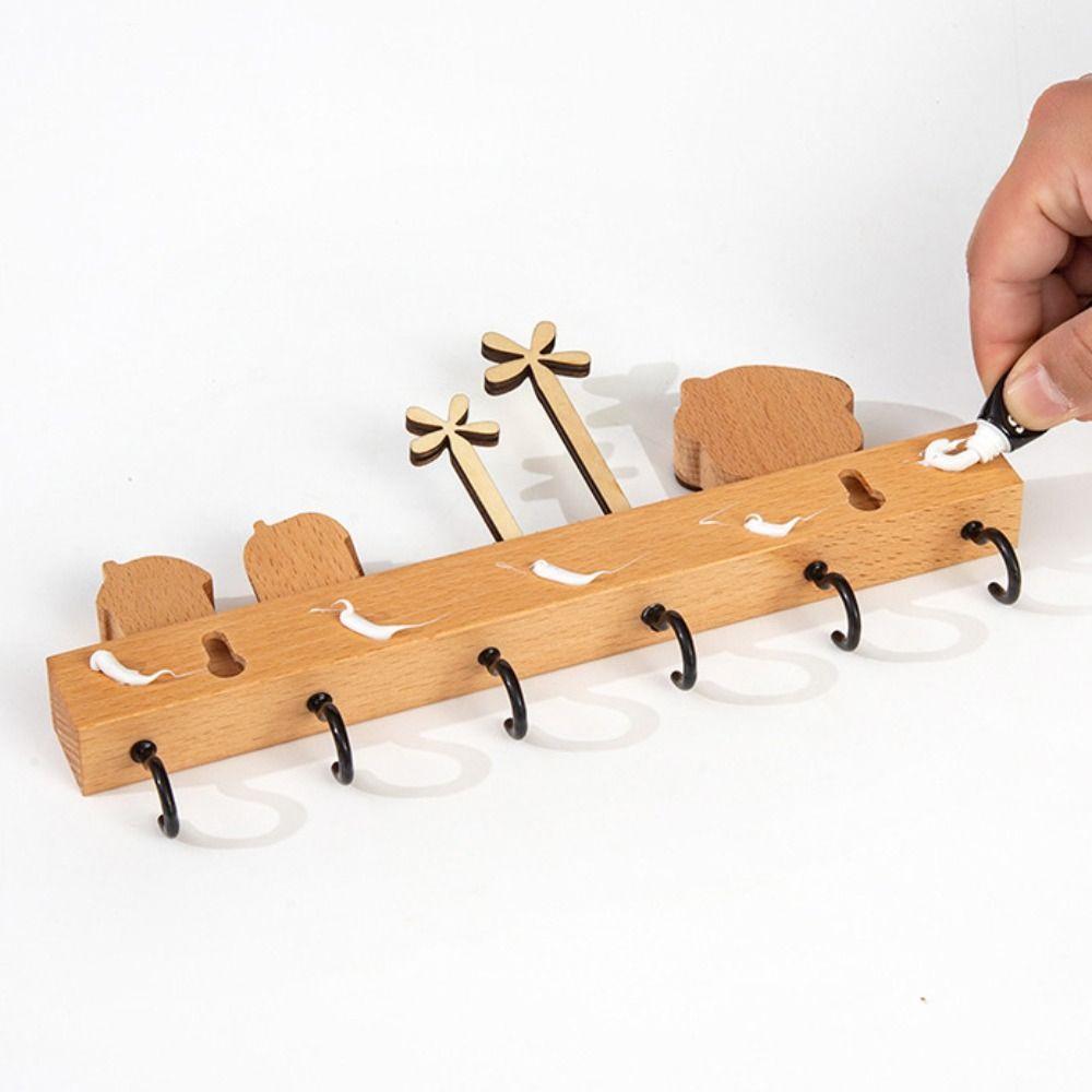 Wooden Key Hook Rack 6 Hooks Sundries Storage Shelf Coat Rack Kitchen Bathroom Bedroom