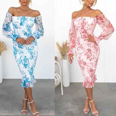 Sexy Printed One-Shoulder Long Sleeve Bodycon Elastic Waist Dress