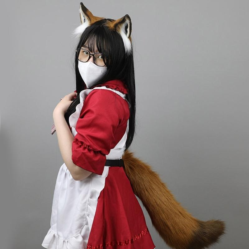Fox Ears and Tail Set Furry Fox Ears Headband with Tail Halloween Cosplay Party Fox Costume Accessories for Kids-Adults