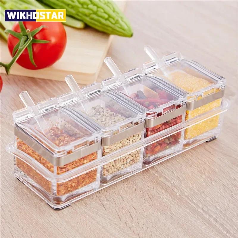 Pudełko na przyprawy z czterema przegródkami, kryształowy pojemnik do przechowywania z łyżeczką, pokrywką i podstawą do przechowywania, używane do soli, cukru i pieprzu