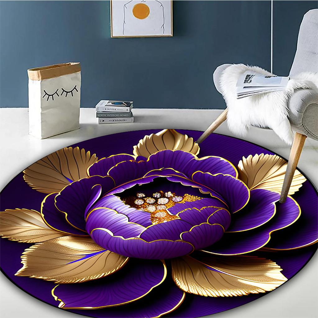 Purple Gold Peony Round Rug - Washable Polyester Large Mat for Living Room, Hallway, Bedroom, Patio & Office Decor