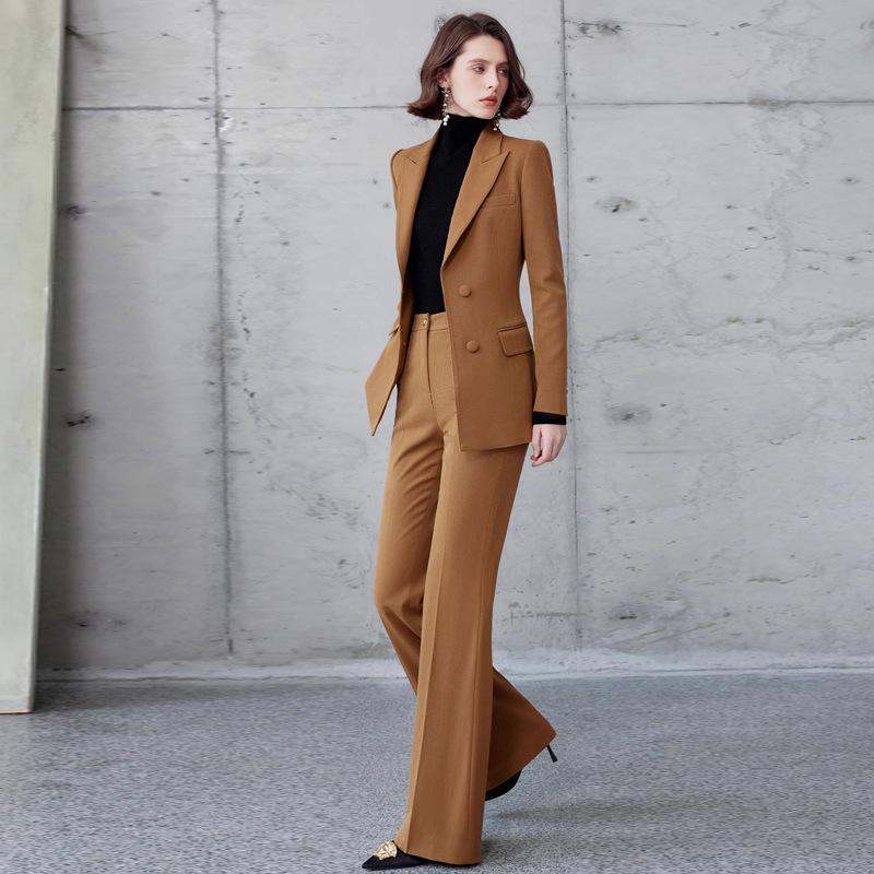 AD Gold Brown Wool Herringbone Suit: Autumn/Winter Formal Blazer & Wide-Leg Trousers