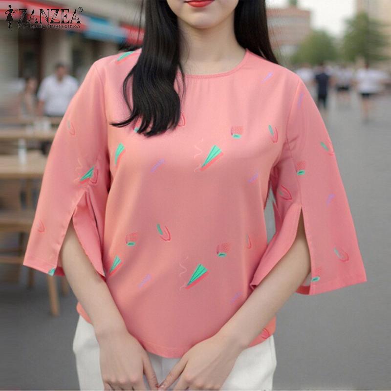 ZANZEA Women Casual O-neck 3/4 Sleeve Loose Print Blouse