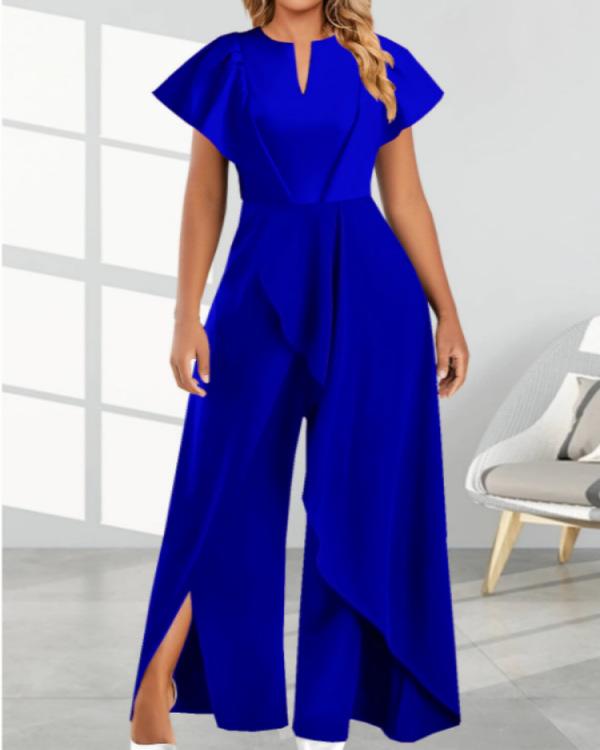 Women's V-Neck Asymmetrical Ruffle Shoulder Wide Leg Jumpsuit