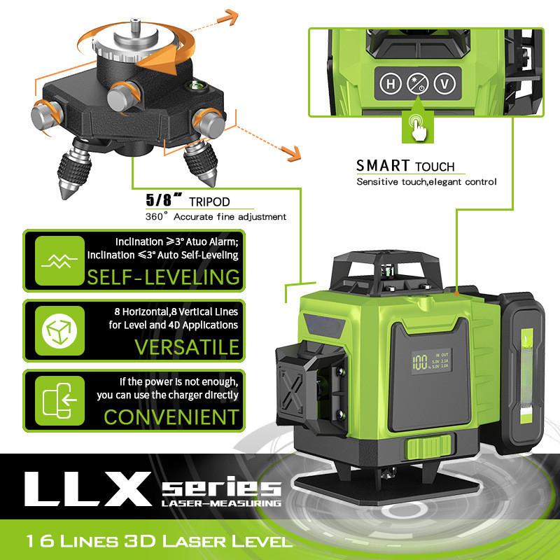 4D 12/16 Line Green Light Laser Level  Automatic Self Leveling Laser Projector 360° Horizontal Vertical Cross Measure Tool