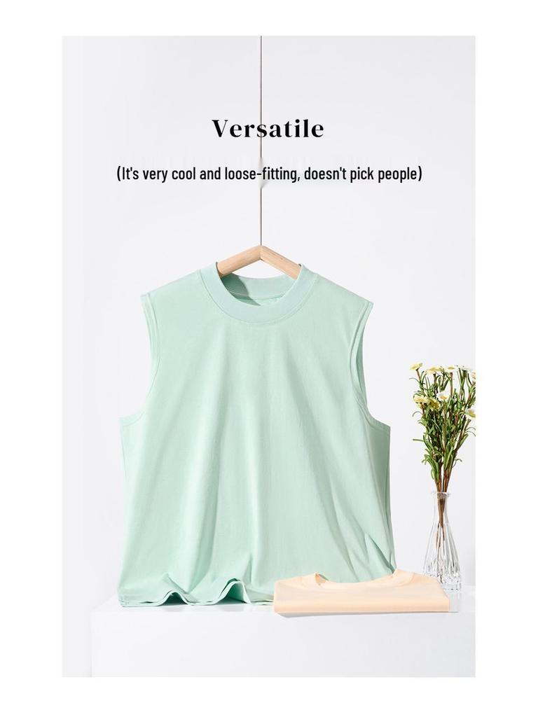 Plus Size Korean Style Sleeveless T-shirt: Summer Cooling, Loose Fit, Solid Color, Underarm Coverage