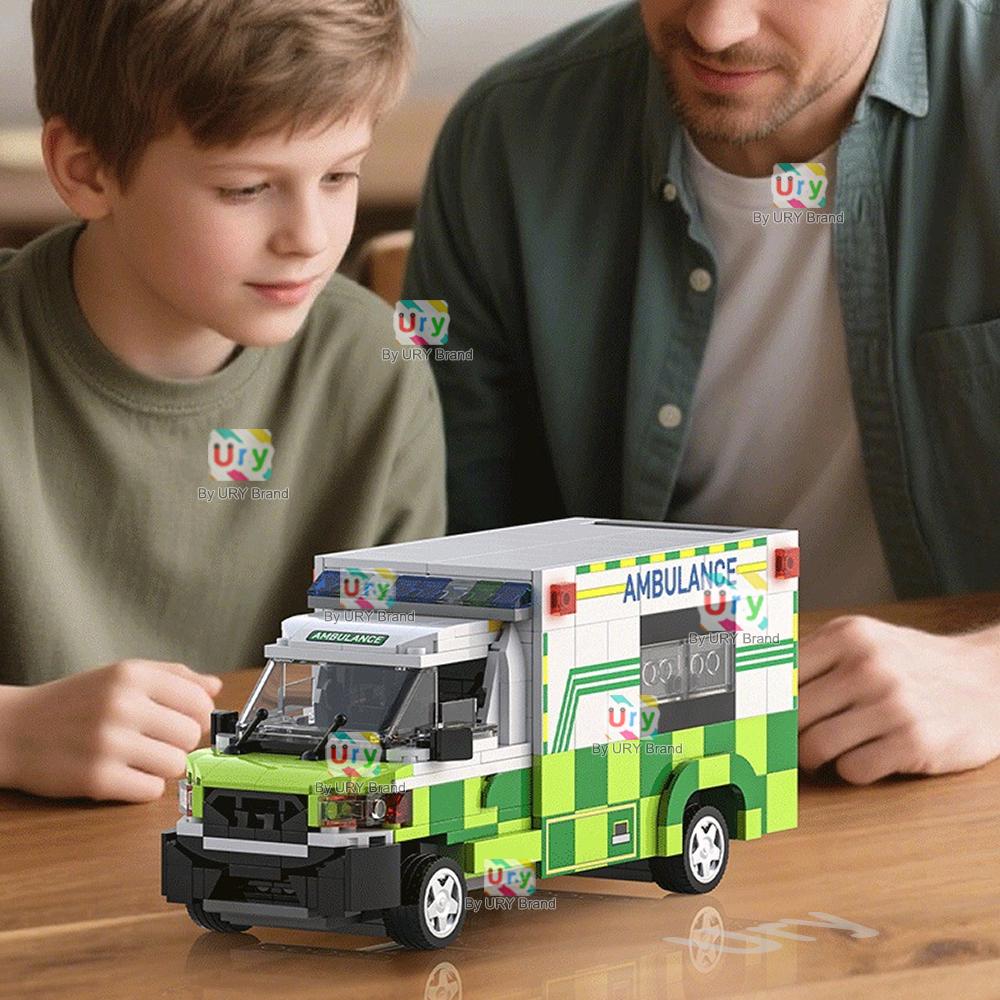City Series Traffic Green Ambulance Escort Car Van Vehicle Technical Set Model MOC Building Blocks DIY Toys for Gifts