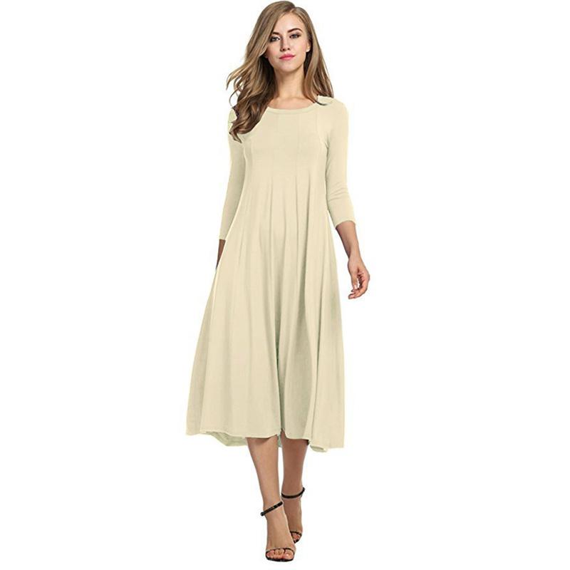 Sommerkleid für Damen, modisch, Rundhalsausschnitt, mittlere Ärmel, einfarbig, plissiert, lange Kleider